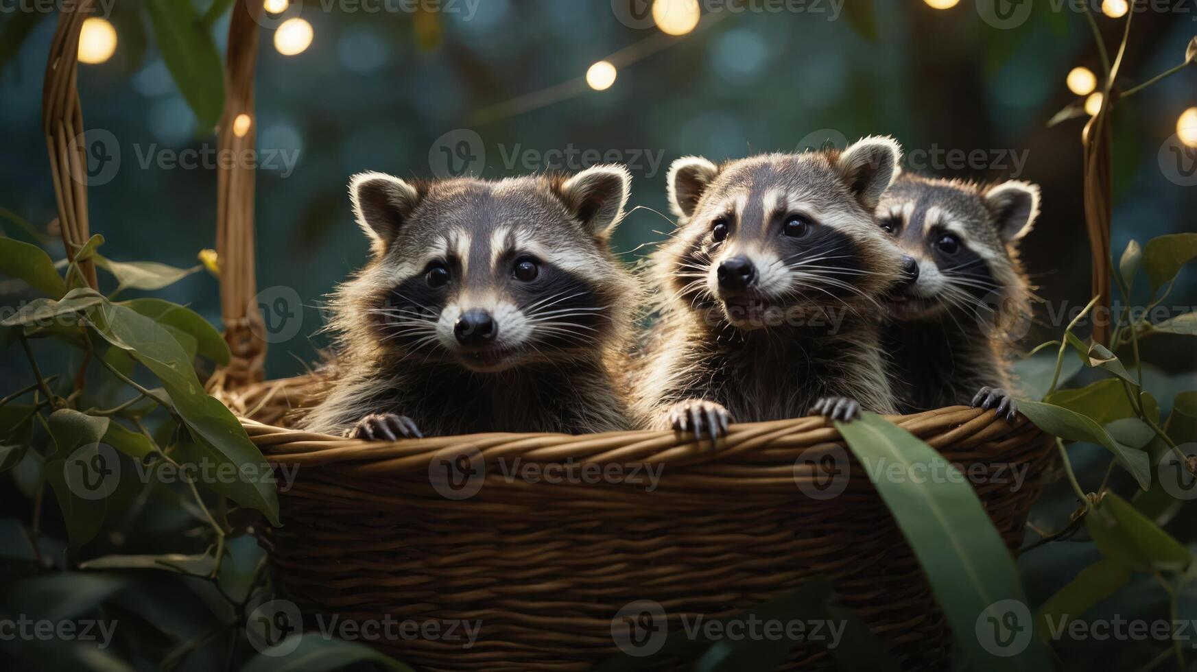 Three raccoons sitting together in a woven basket surrounded by greenery and fairy lights. photo