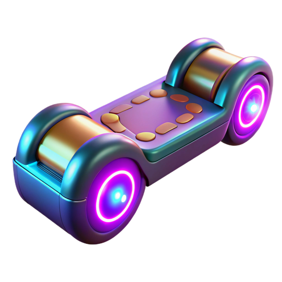 striking bold contemporary Futuristic hoverboard with glowing lights NO BACKGROUND with Transparent Background. masterfully captured png