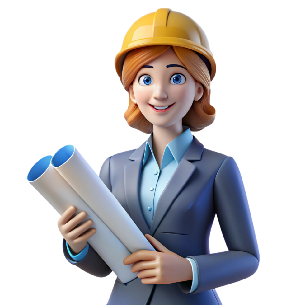 striking traditional Female architect with blueprints NO BACKGROUND with Transparent Background. 8K png