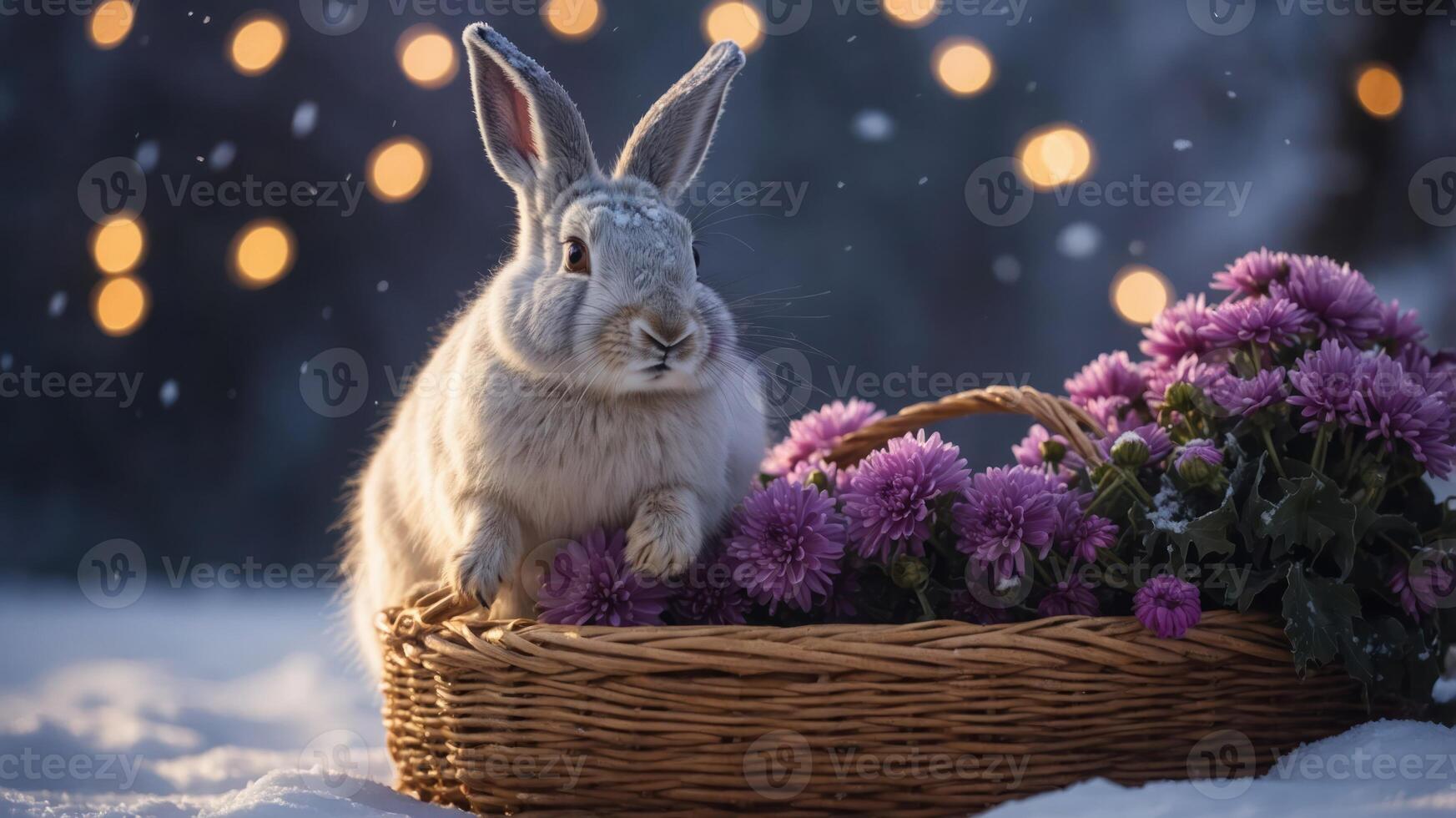 A serene rabbit sitting in a basket of flowers amidst a snowy backdrop with soft lights. photo