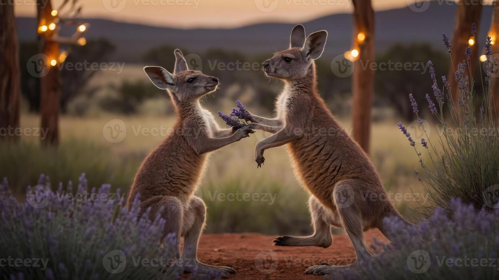 Two kangaroos exchanging flowers in a serene outdoor setting. photo