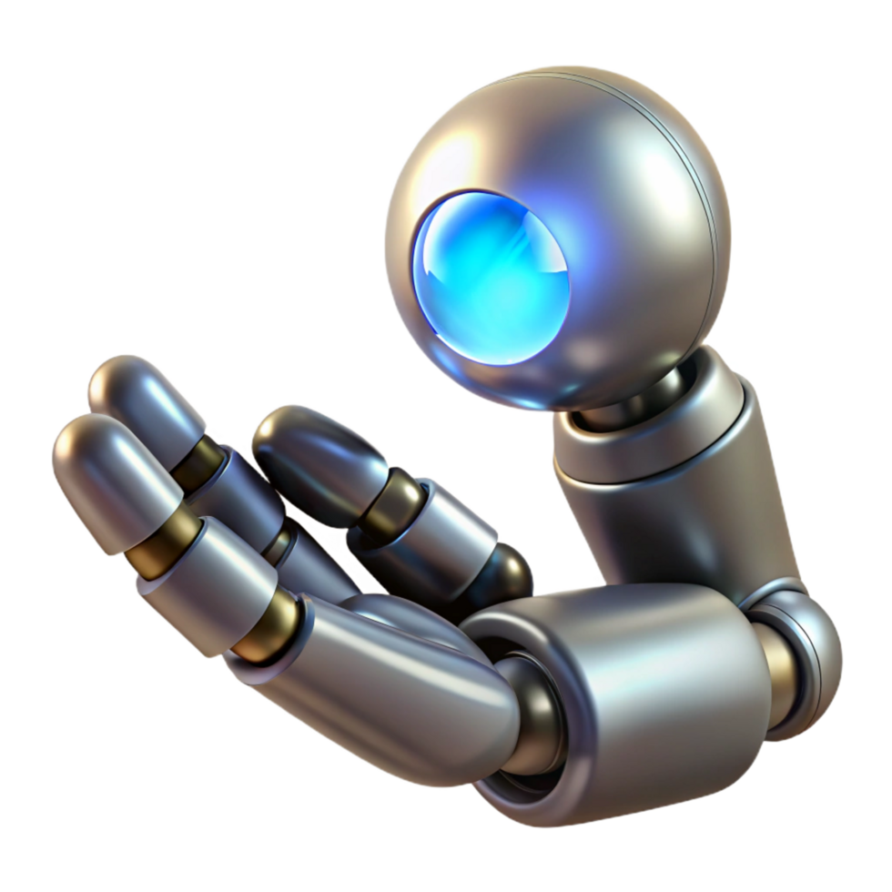 intense elegant Metallic robot hand holding a glowing orb NO BACKGROUND with Transparent Background. original png