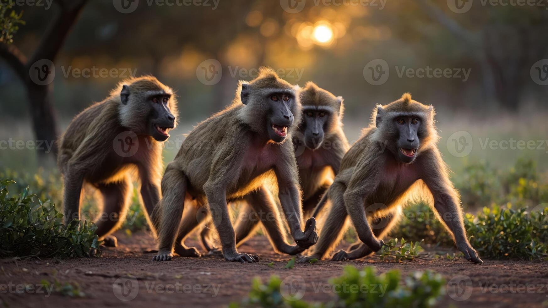 A group of four baboons walking together in a natural setting during sunset. photo