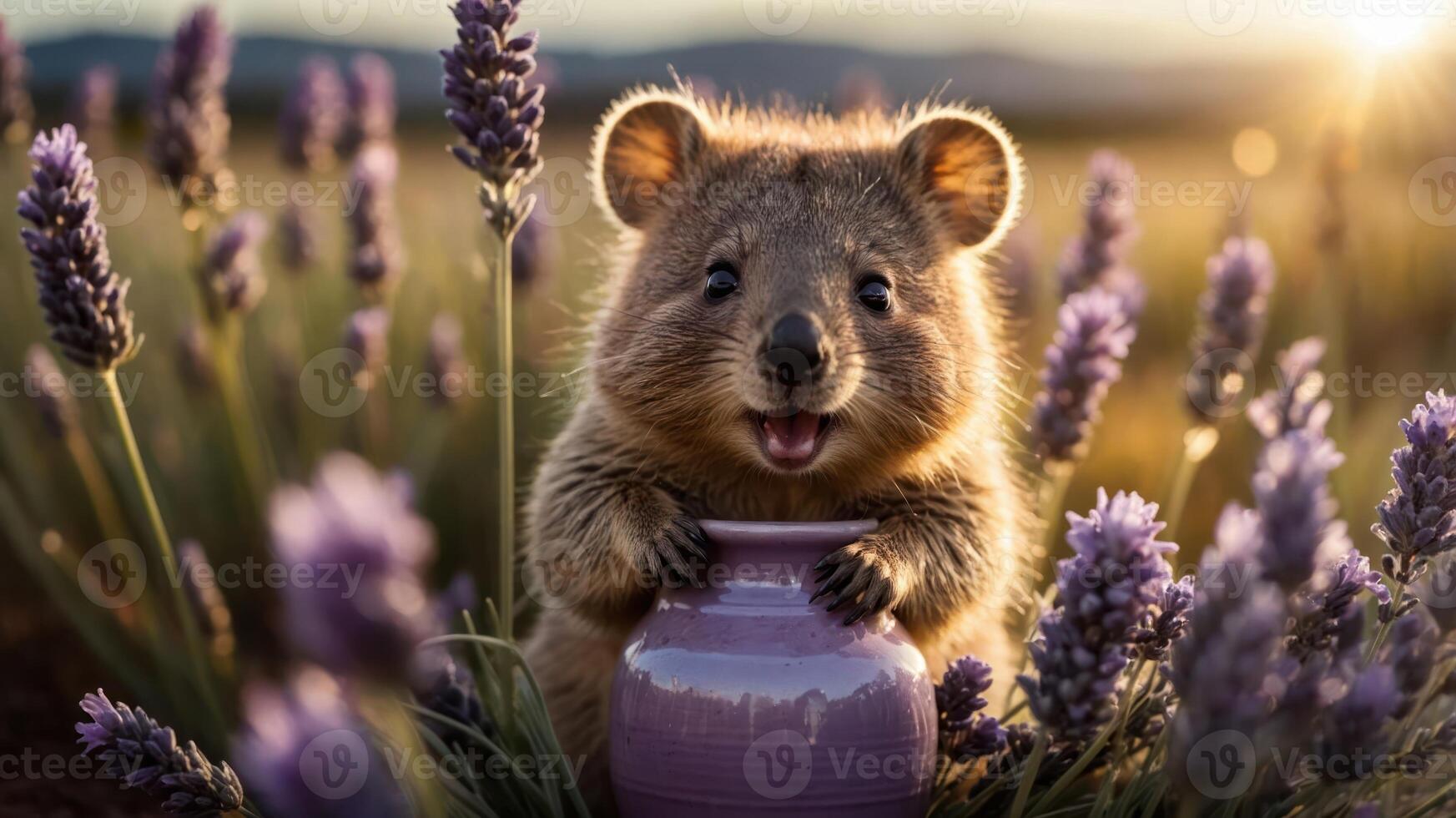 A cheerful quokka sitting by a purple vase amidst lavender flowers at sunset. photo