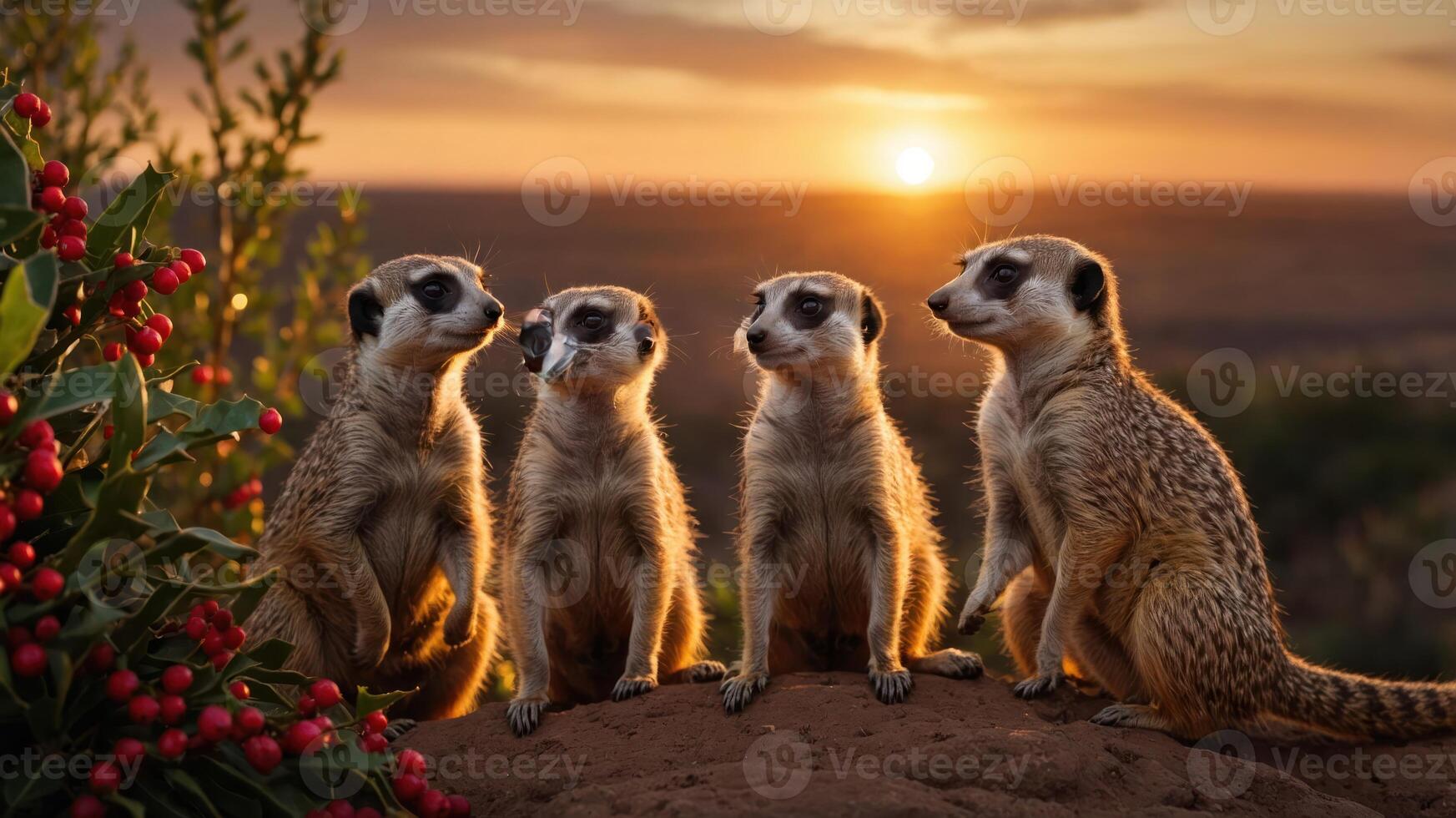 Four meerkats sit together at sunset, showcasing their social behavior in a natural setting. photo