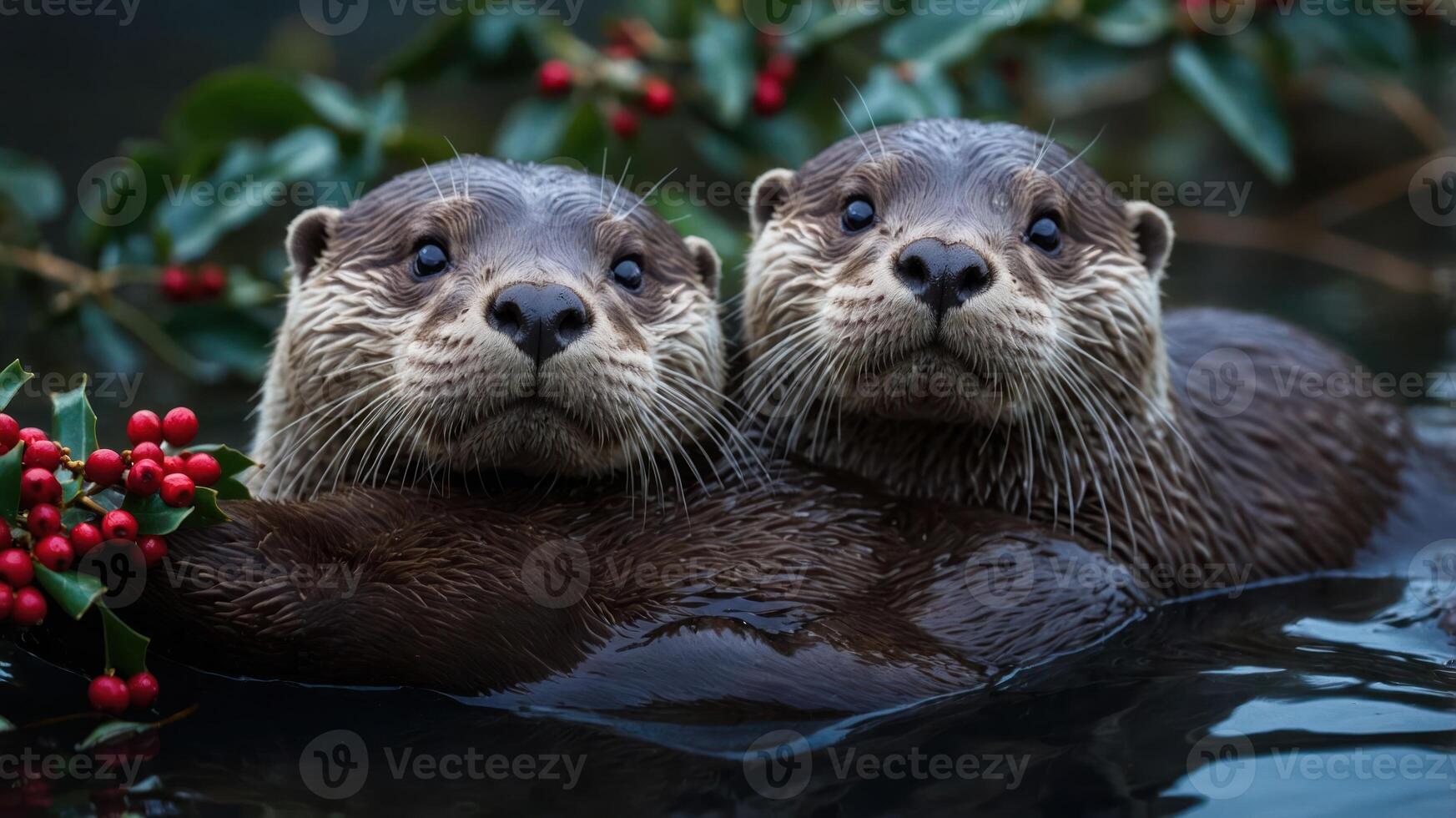Two otters swim together surrounded by greenery and red berries. photo