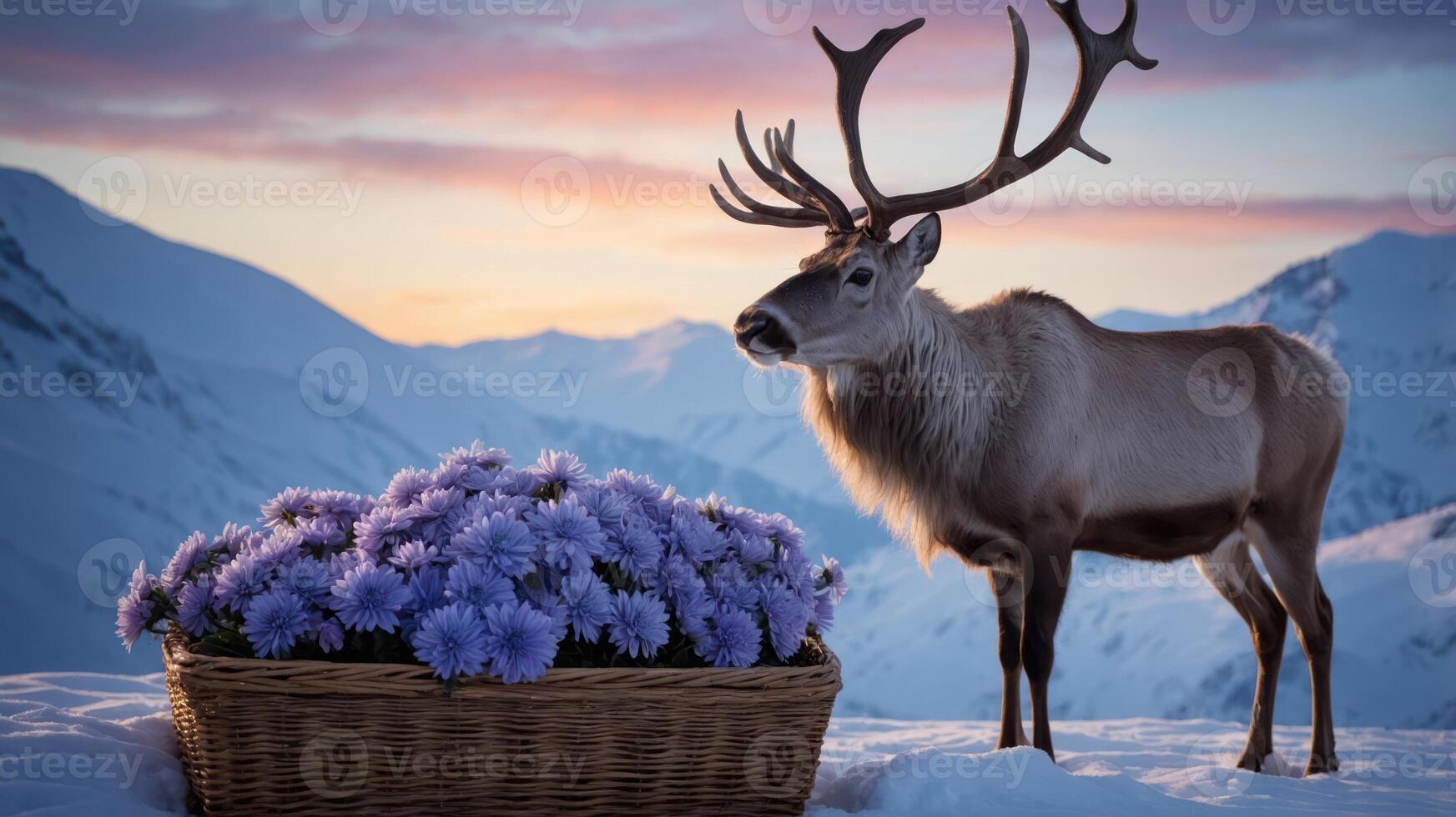 A reindeer stands beside a basket of purple flowers against a snowy mountain backdrop at sunset. photo