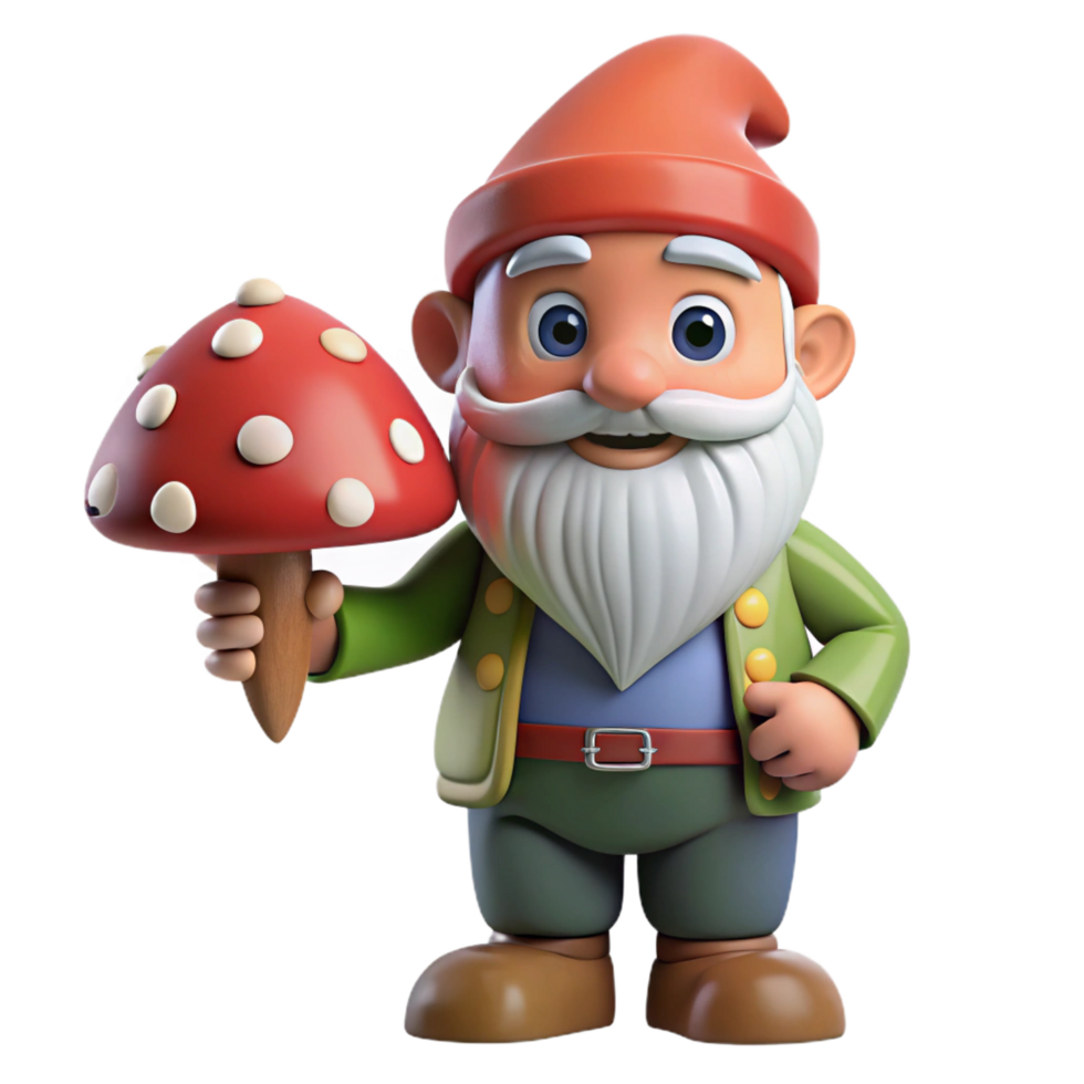 gorgeous notable A whimsical gnome, holding a toadstool. NO BACKGROUND with Transparent Background. png