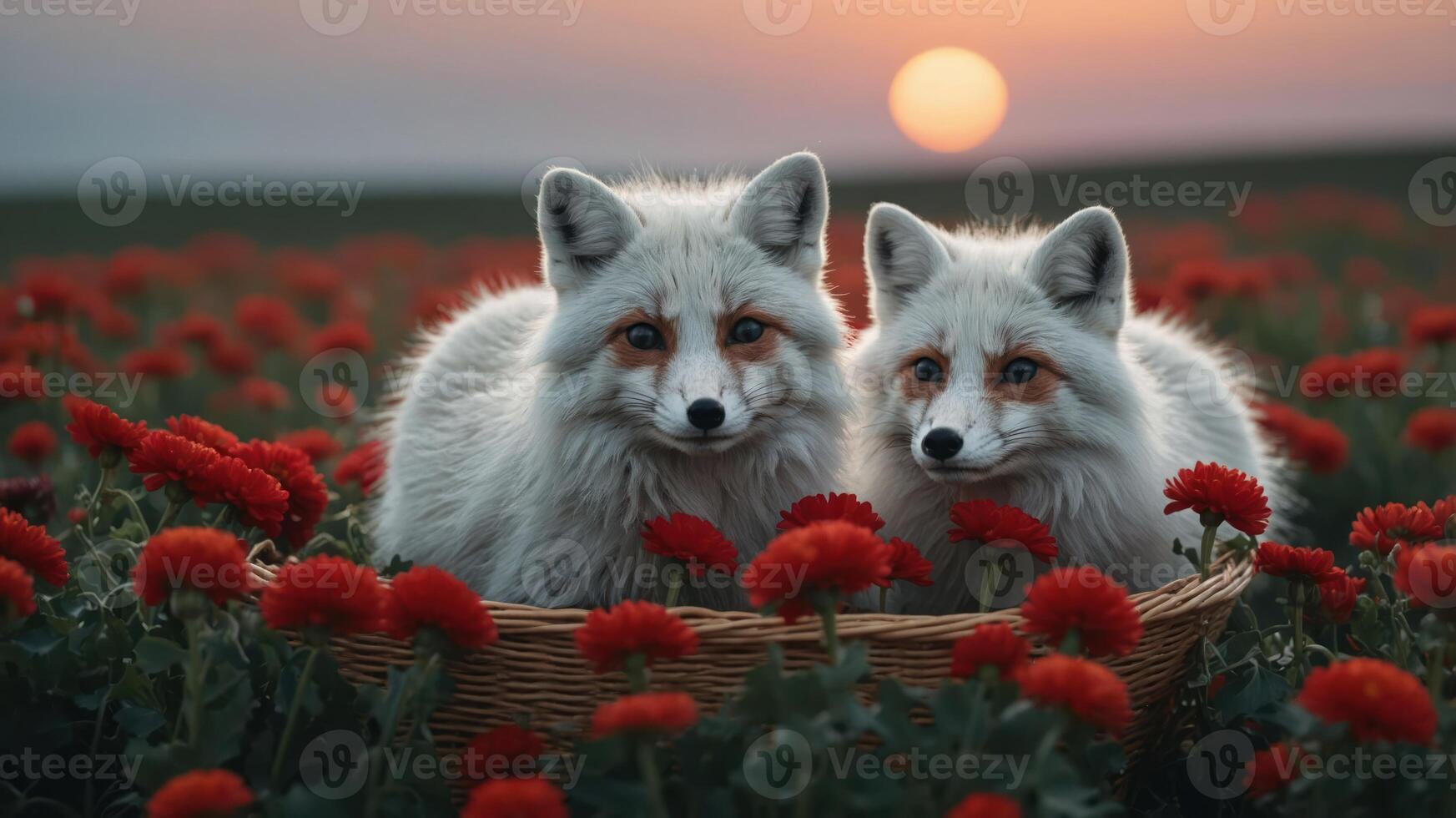Two foxes nestled in a basket among red flowers at sunset. photo