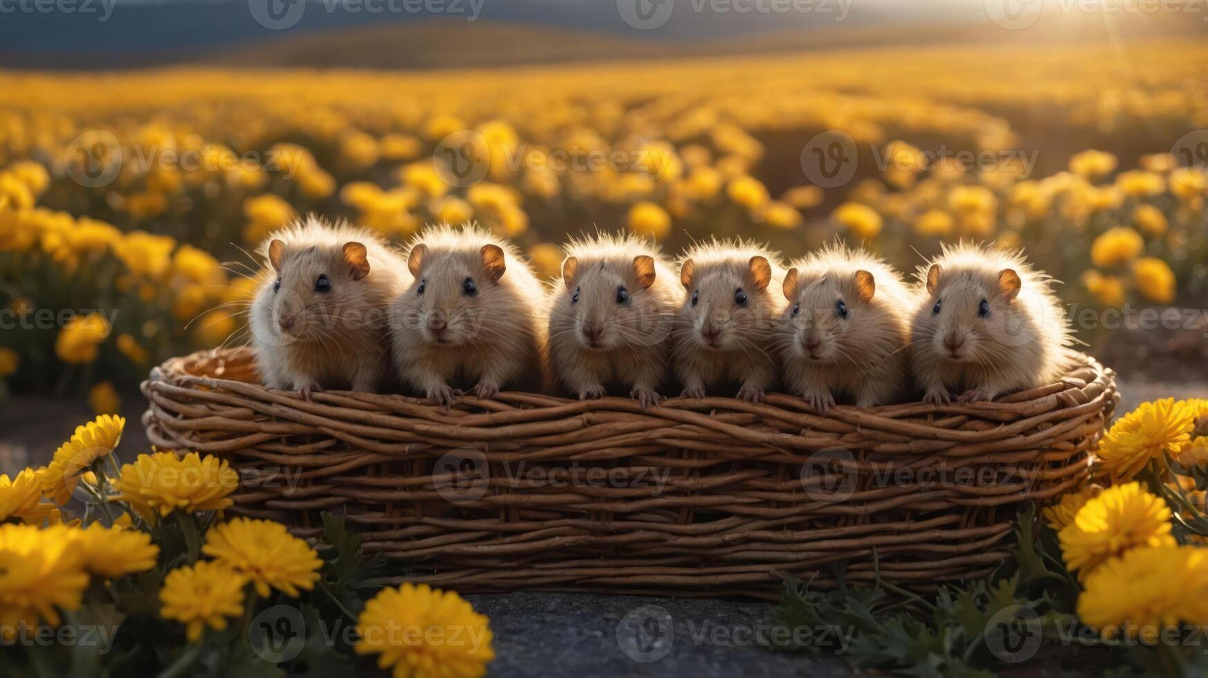 A group of adorable hamsters sitting in a woven basket amidst a field of yellow flowers. photo