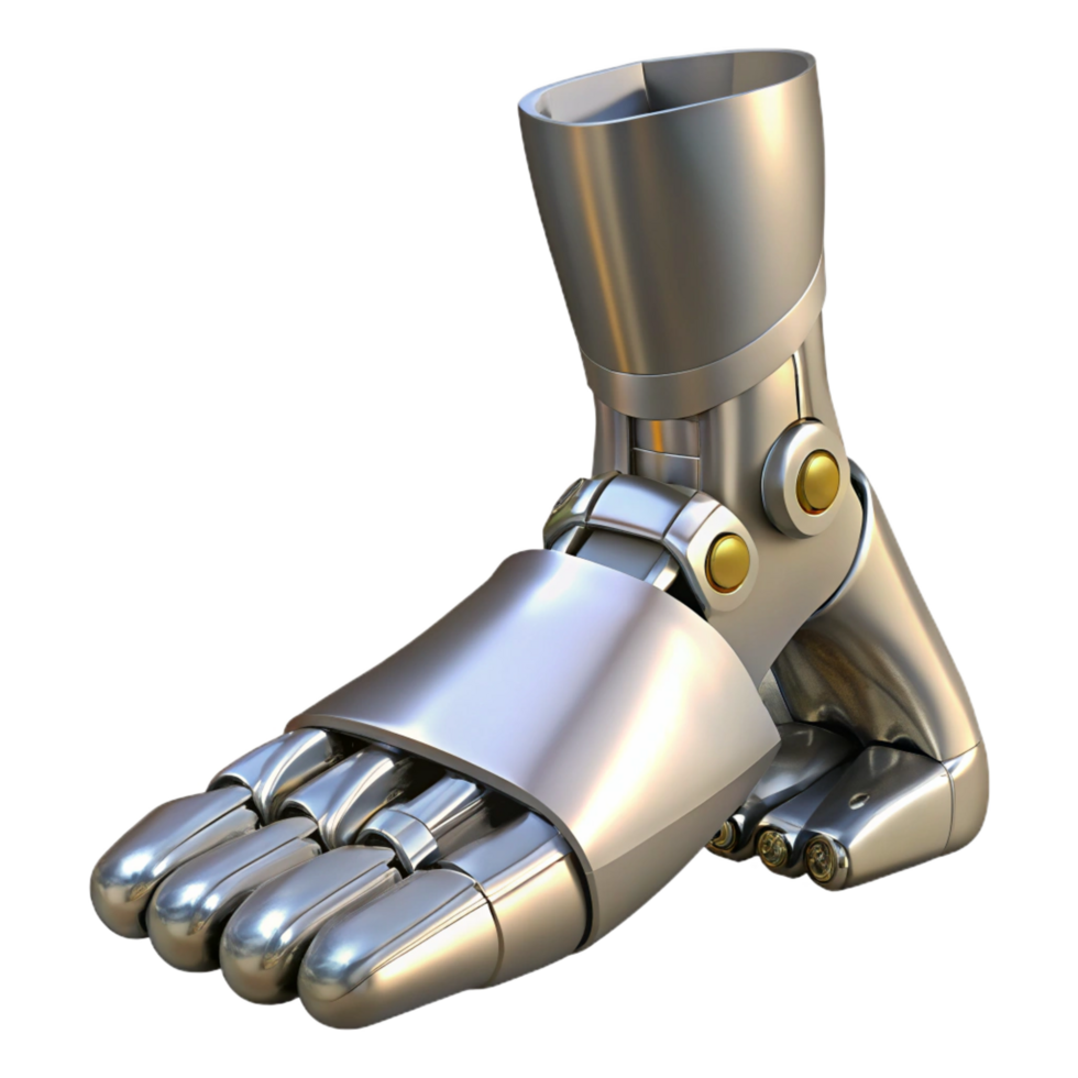 standout renaissance Robot foot, metallic, articulated toes, non-slip sole. NO BACKGROUND with Transparent Background. impeccable png