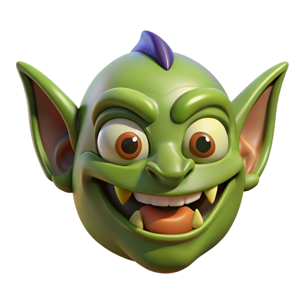 exquisite artistic A stylized goblin face, with a mischievous grin. NO BACKGROUND with Transparent Background. expertly shot png