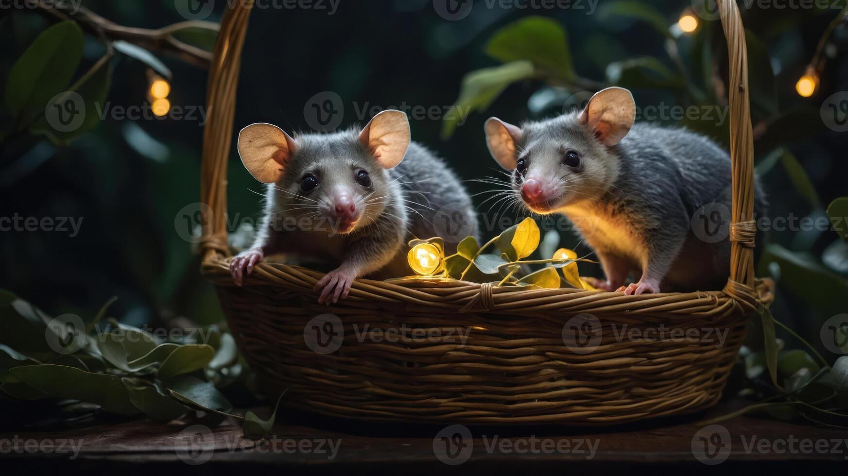 Two cute possums in a basket surrounded by greenery and fairy lights. photo