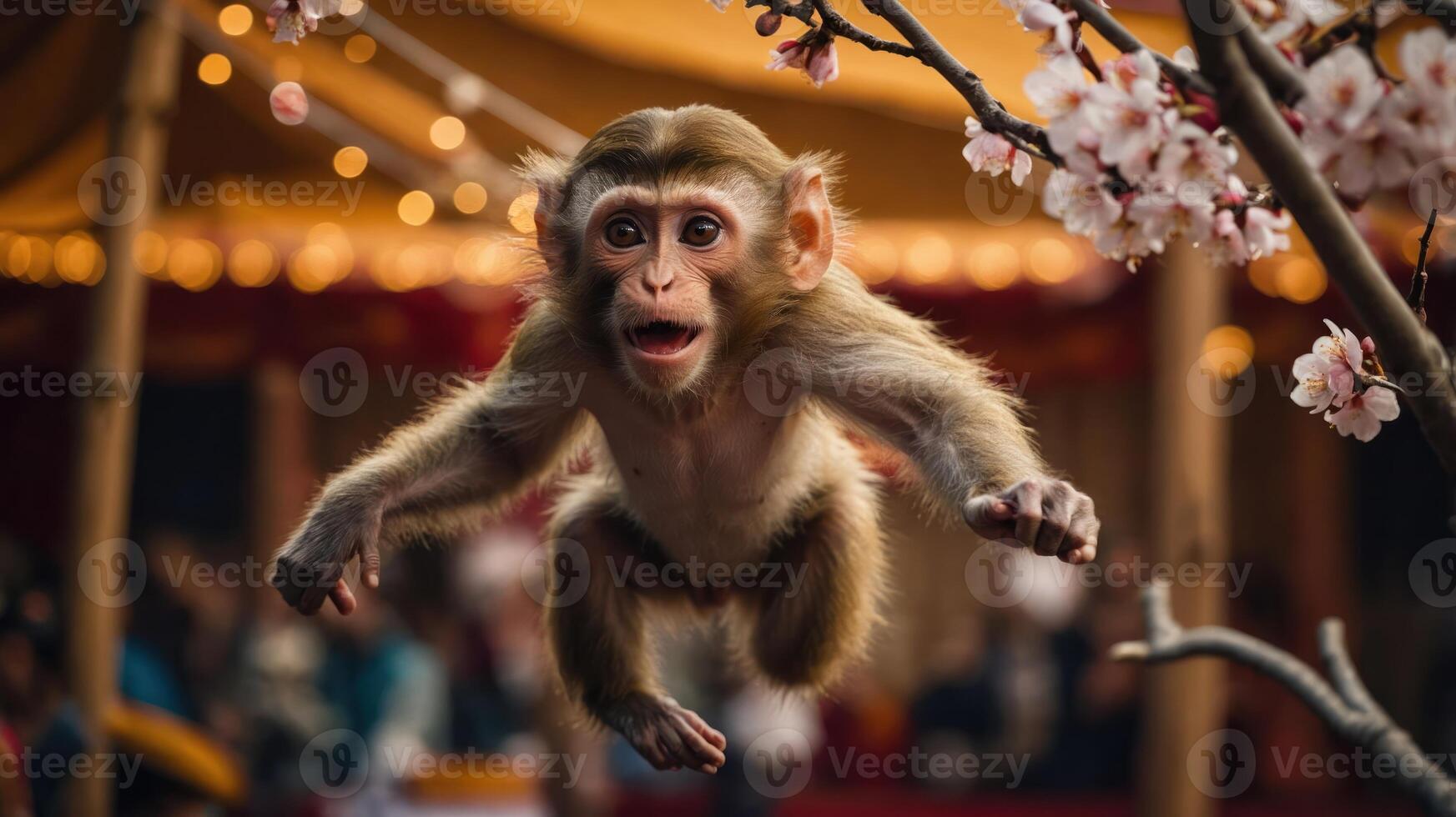 A playful monkey leaps in a festive setting, surrounded by cherry blossoms and lights. photo