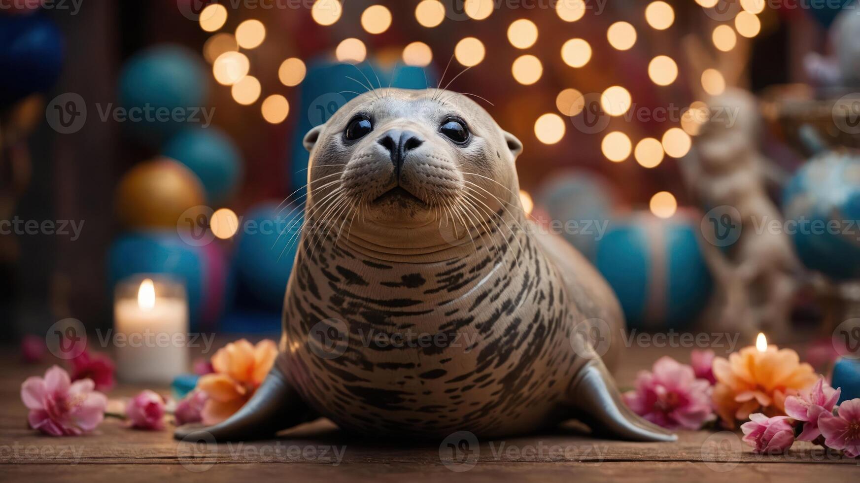 A seal resting amidst colorful decorations and soft lighting, creating a whimsical atmosphere. photo
