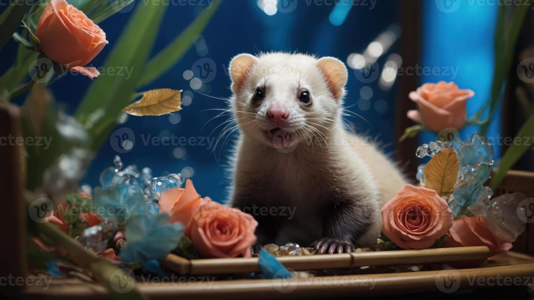 A cute ferret surrounded by flowers and decorative elements in a vibrant setting. photo