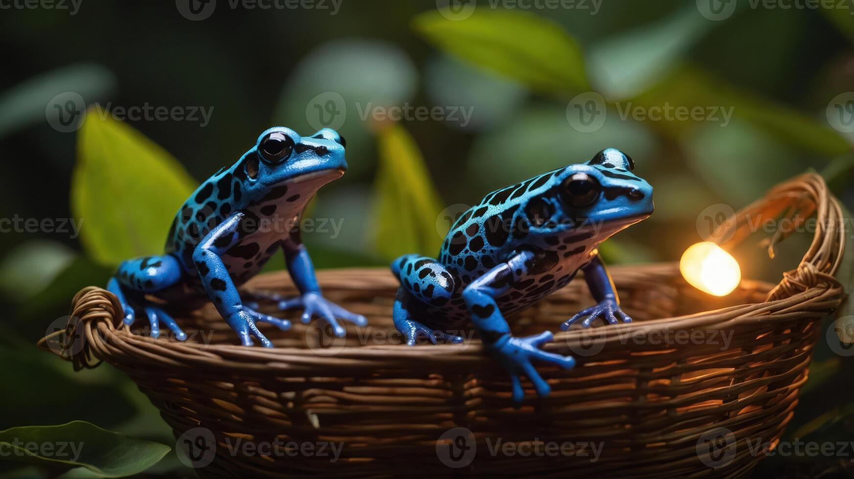 Two blue poison dart frogs resting in a woven basket surrounded by greenery. photo