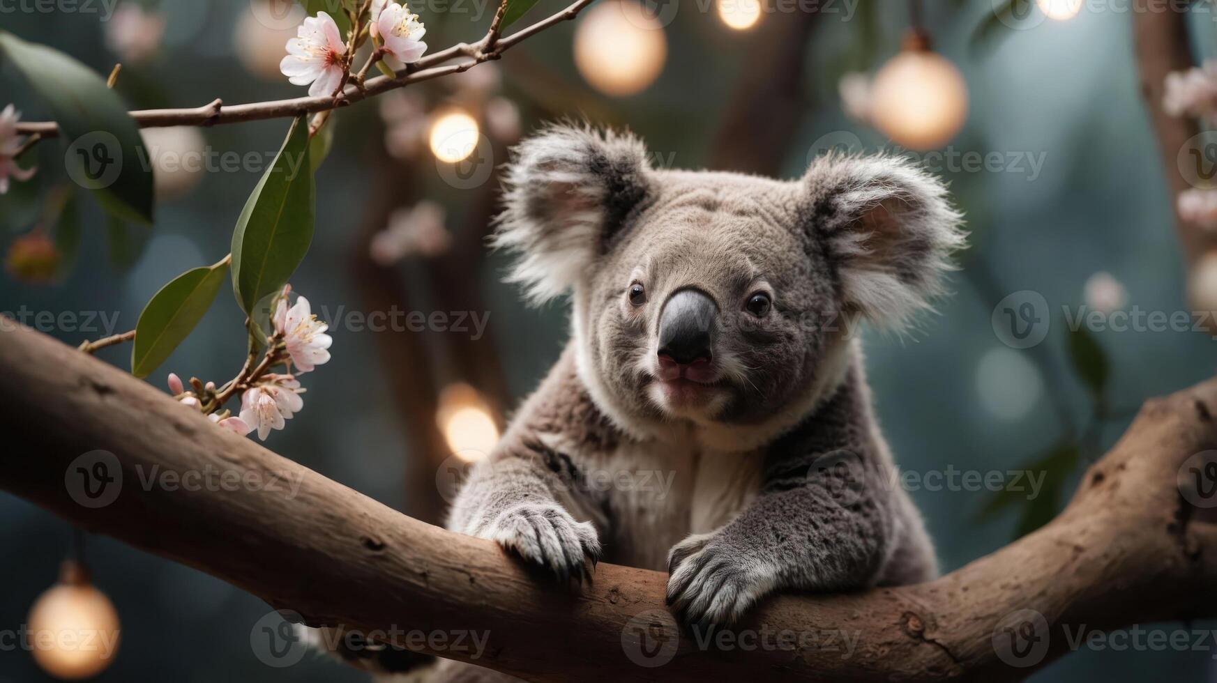 A koala resting on a branch surrounded by flowers and soft lights in a serene setting. photo