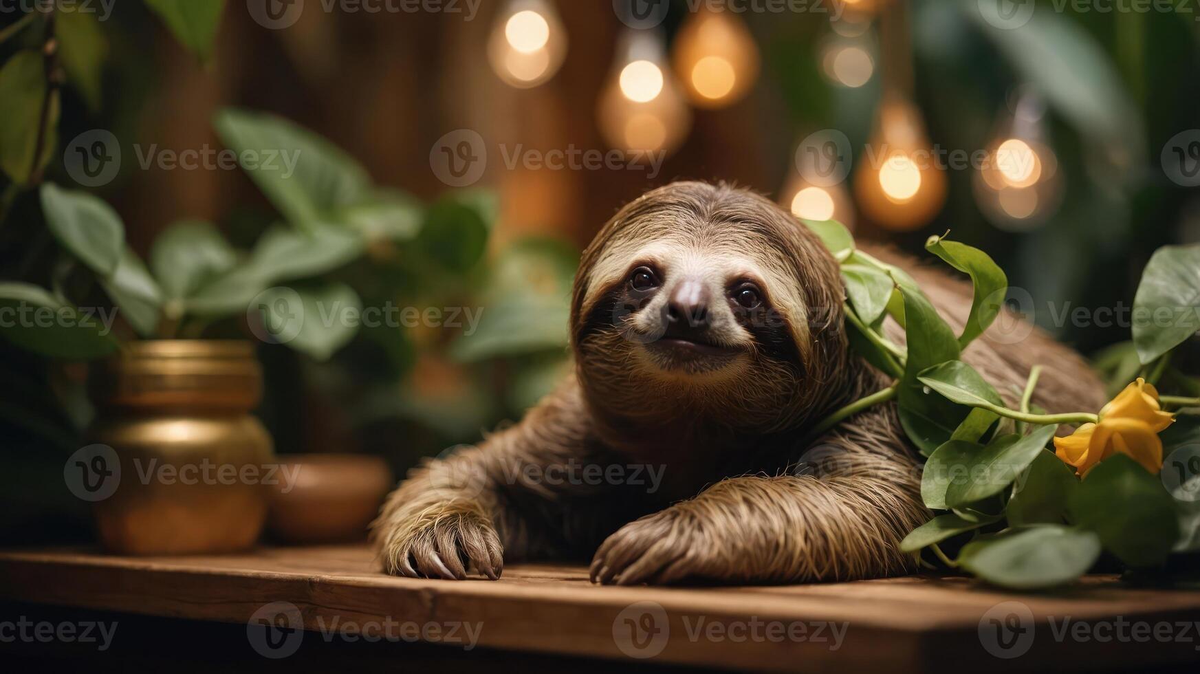 A sloth resting among plants with soft lighting in a cozy setting. photo