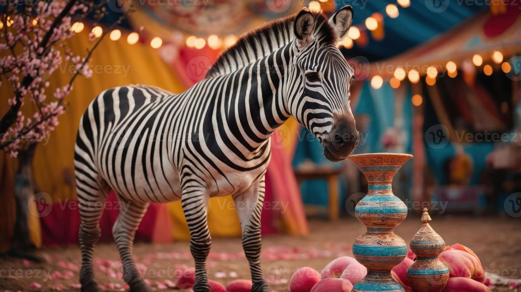 A zebra stands in a colorful circus setting surrounded by decorative elements. photo