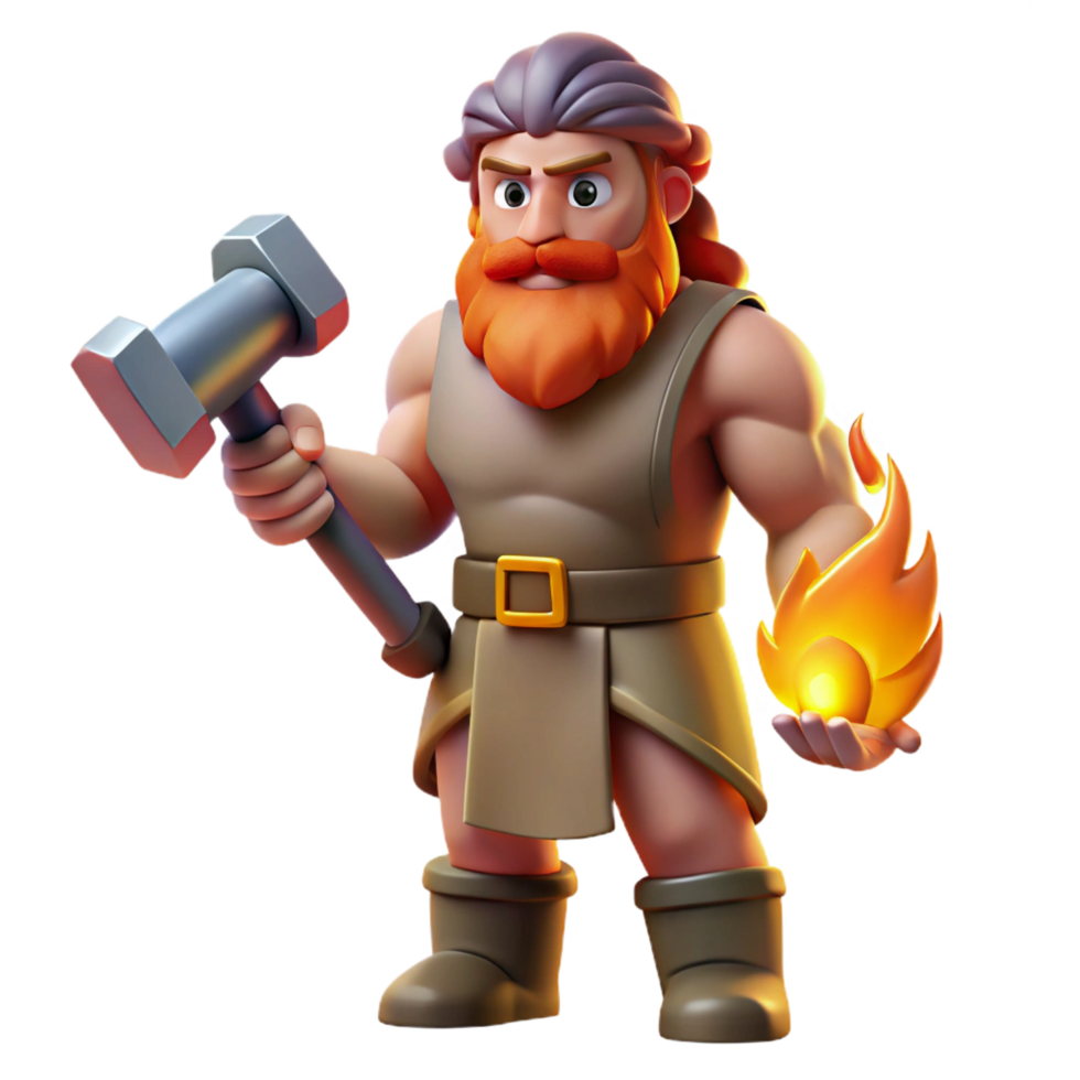 memorable artistic Hephaestus, God of Fire and Forge, holding hammer, NO BACKGROUND with Transparent Background. high resolution png