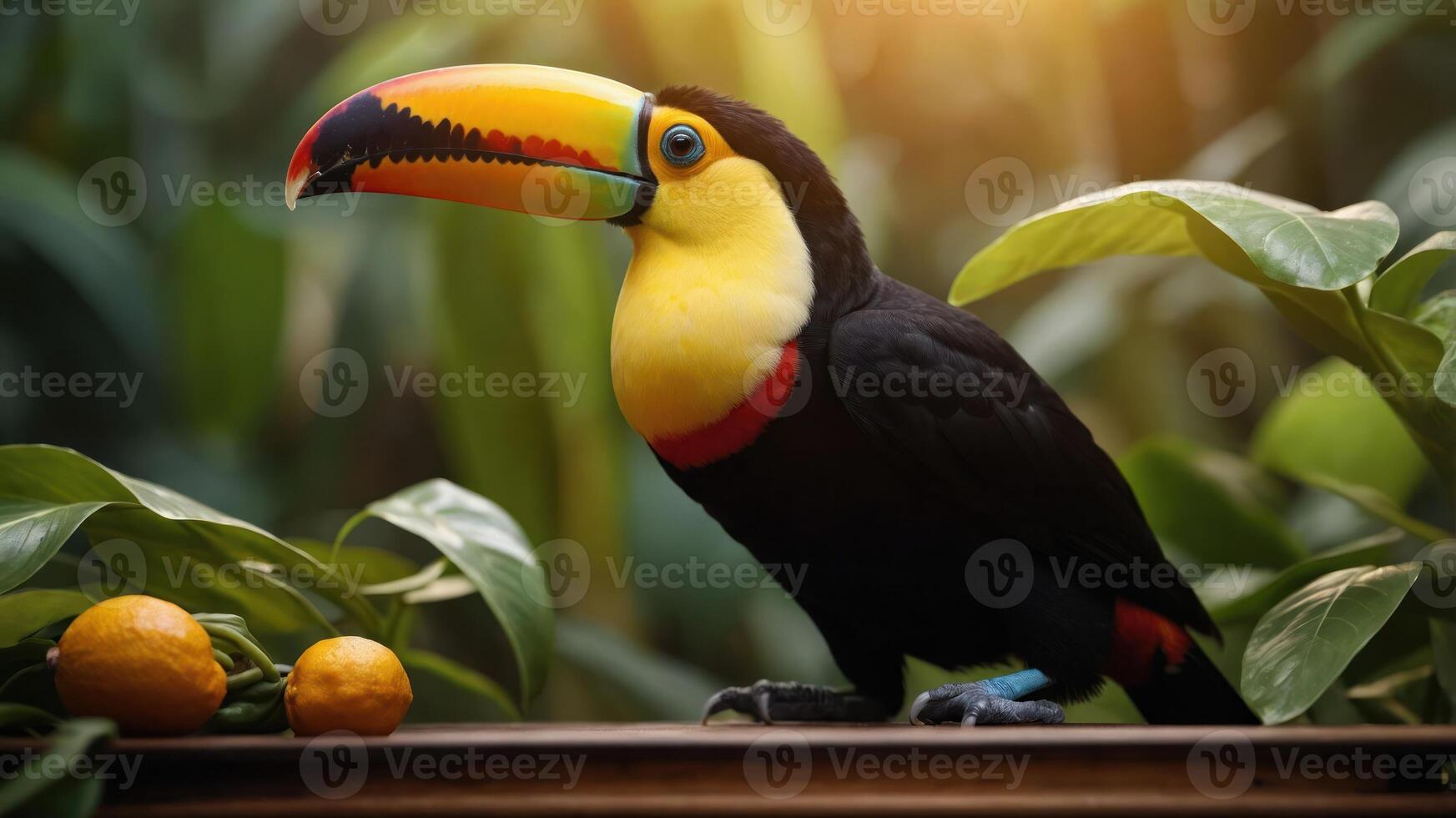 A vibrant toucan perched near fruit in a lush, green environment. photo
