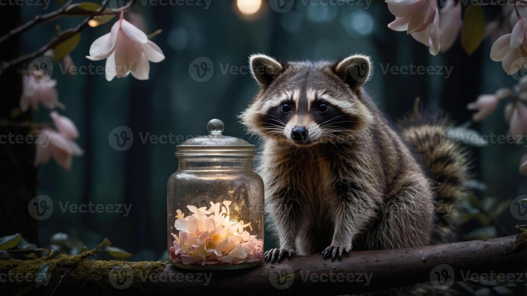 A raccoon beside a glowing jar filled with flowers in a serene forest setting. photo