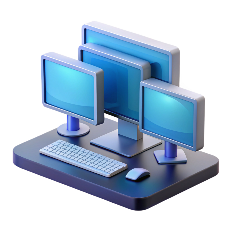 stunning bold industrial Desktop computer with multiple monitors, NO BACKGROUND with Transparent Background. 8K png