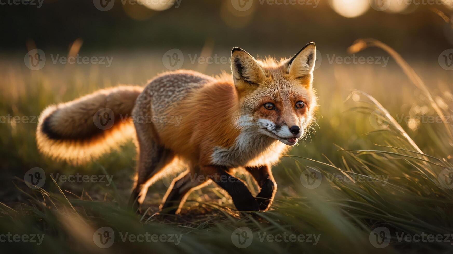 A fox walks gracefully through tall grass during sunset, showcasing its vibrant fur and alert demeanor. photo