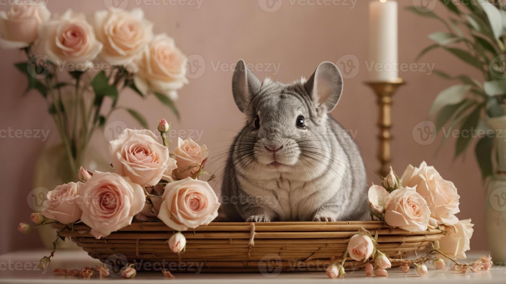A cute chinchilla surrounded by soft pink roses on a decorative table. photo