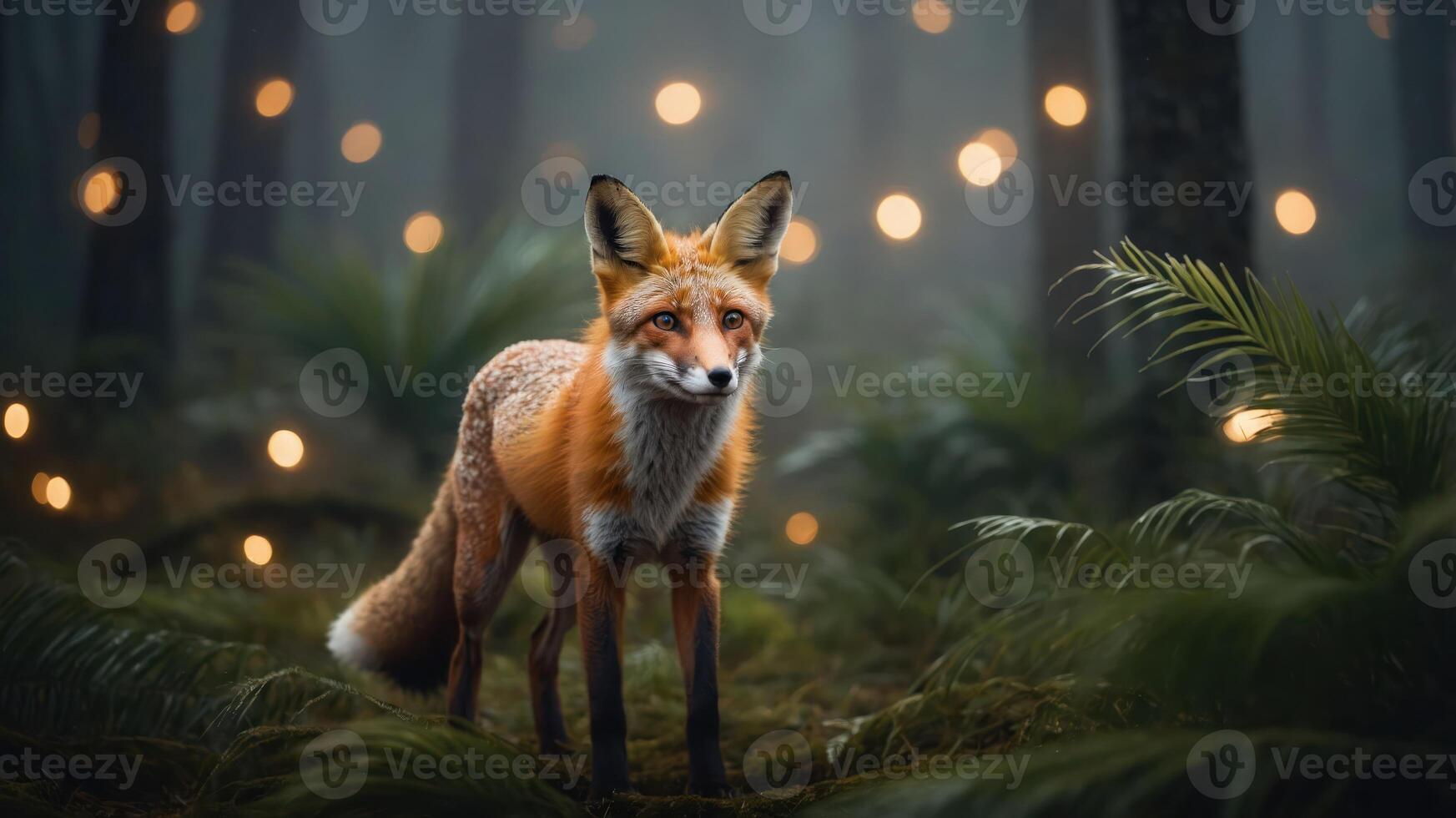 A fox stands in a misty forest, illuminated by soft glowing lights. photo