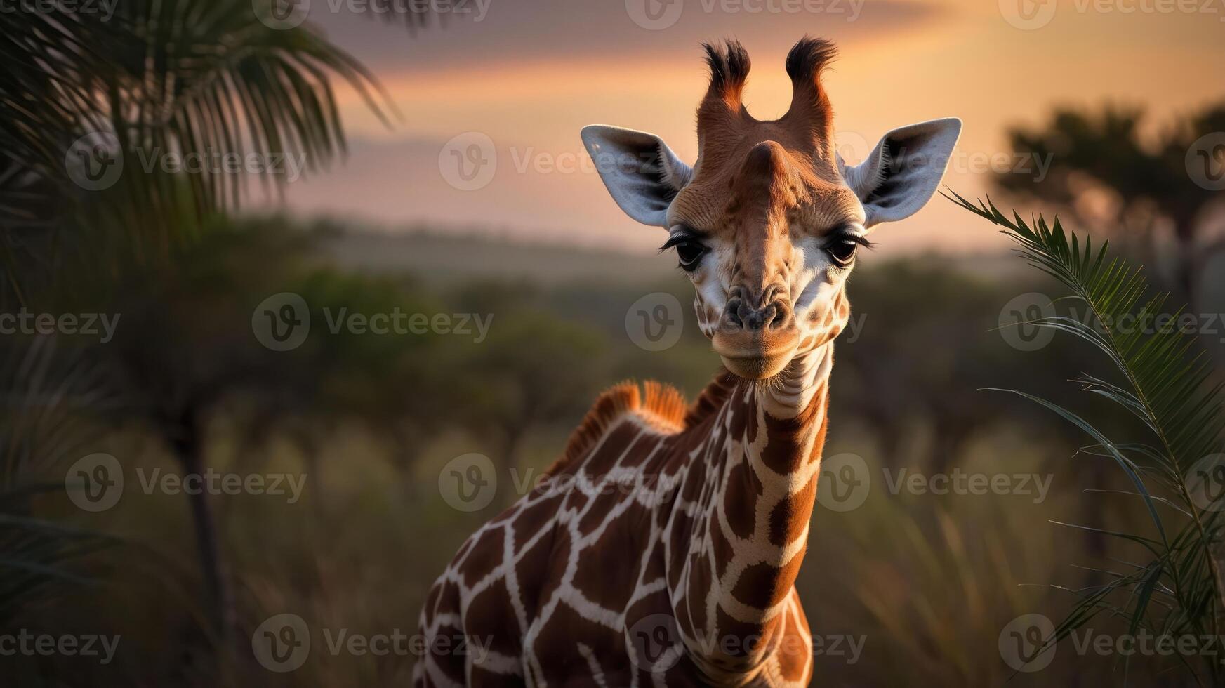 A close-up of a giraffe in a natural setting during sunset. photo
