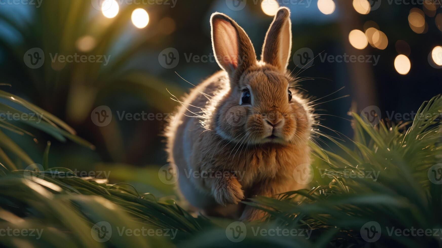 A cute rabbit hopping through lush greenery, illuminated by soft, warm light. photo