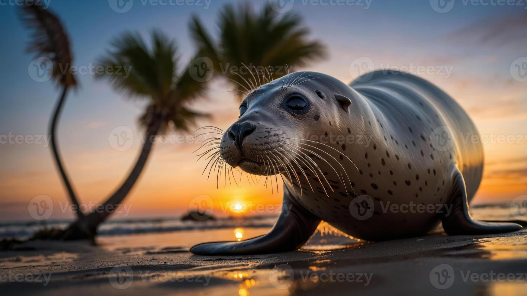 A seal lounging on a beach at sunset, framed by palm trees. photo