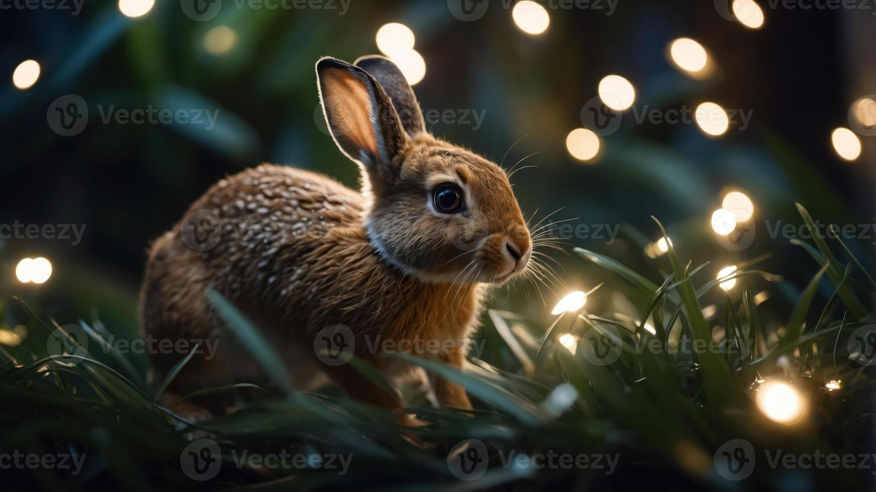 A rabbit among greenery and soft lights, creating a whimsical, serene atmosphere. photo