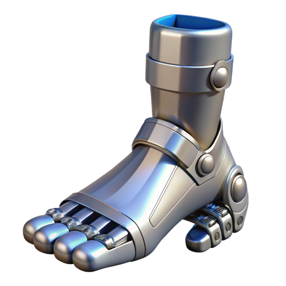 exemplary traditional Robot foot, metallic, articulated toes, non-slip sole. NO BACKGROUND with Transparent Background. impeccable png