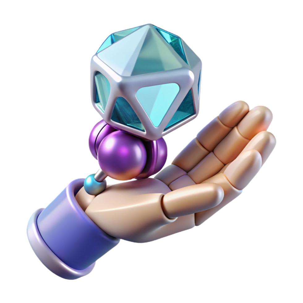 splendid futuristic Robotic hand holding a data crystal NO BACKGROUND with Transparent Background. professional png