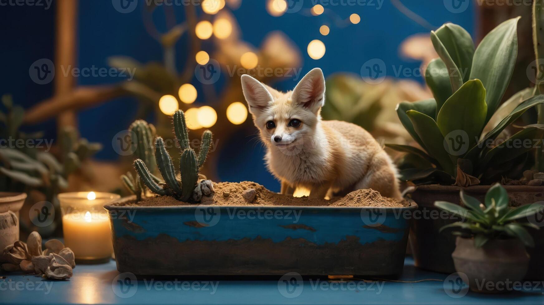 A fennec fox sits in a sandy pot surrounded by plants and soft lighting. photo