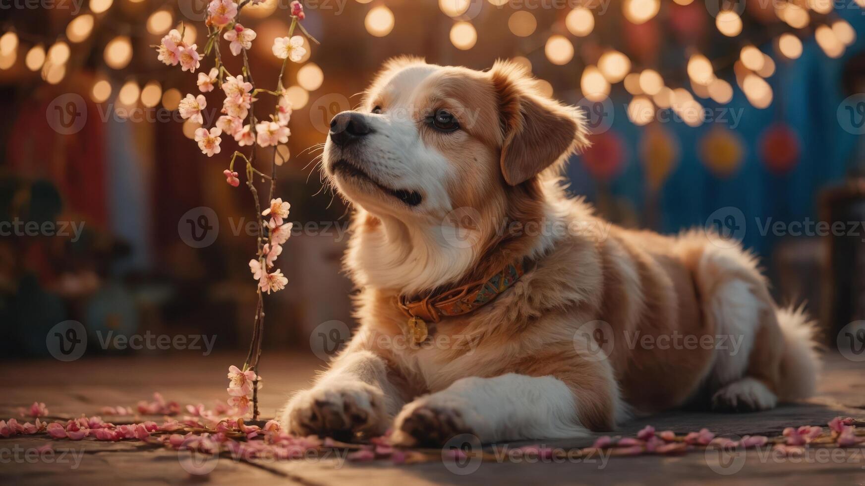 A serene dog rests beside cherry blossoms and soft lights, evoking a peaceful atmosphere. photo