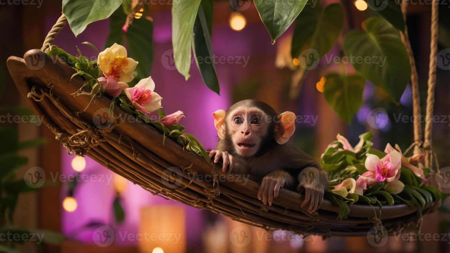 A playful monkey resting on a flower-adorned swing in a vibrant, tropical setting. photo