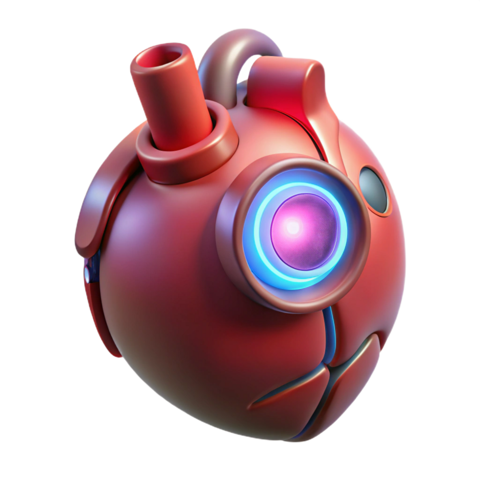 fascinating rustic Cybernetic heart implant, artificial organ, glowing core. NO BACKGROUND with Transparent Background. ultra HD png