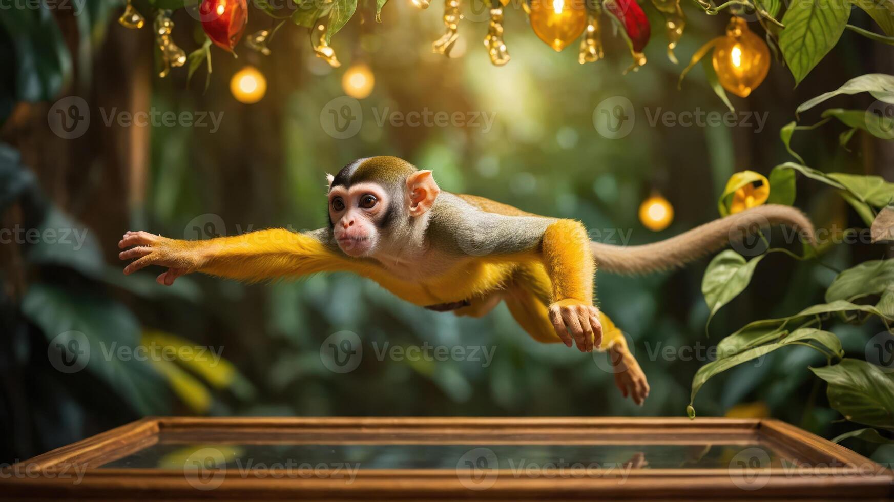 A vibrant monkey leaps gracefully in a lush, illuminated jungle setting. photo