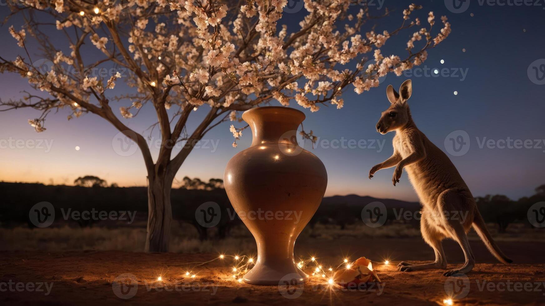 A kangaroo stands near a decorative vase under a flowering tree at dusk, with fairy lights. photo