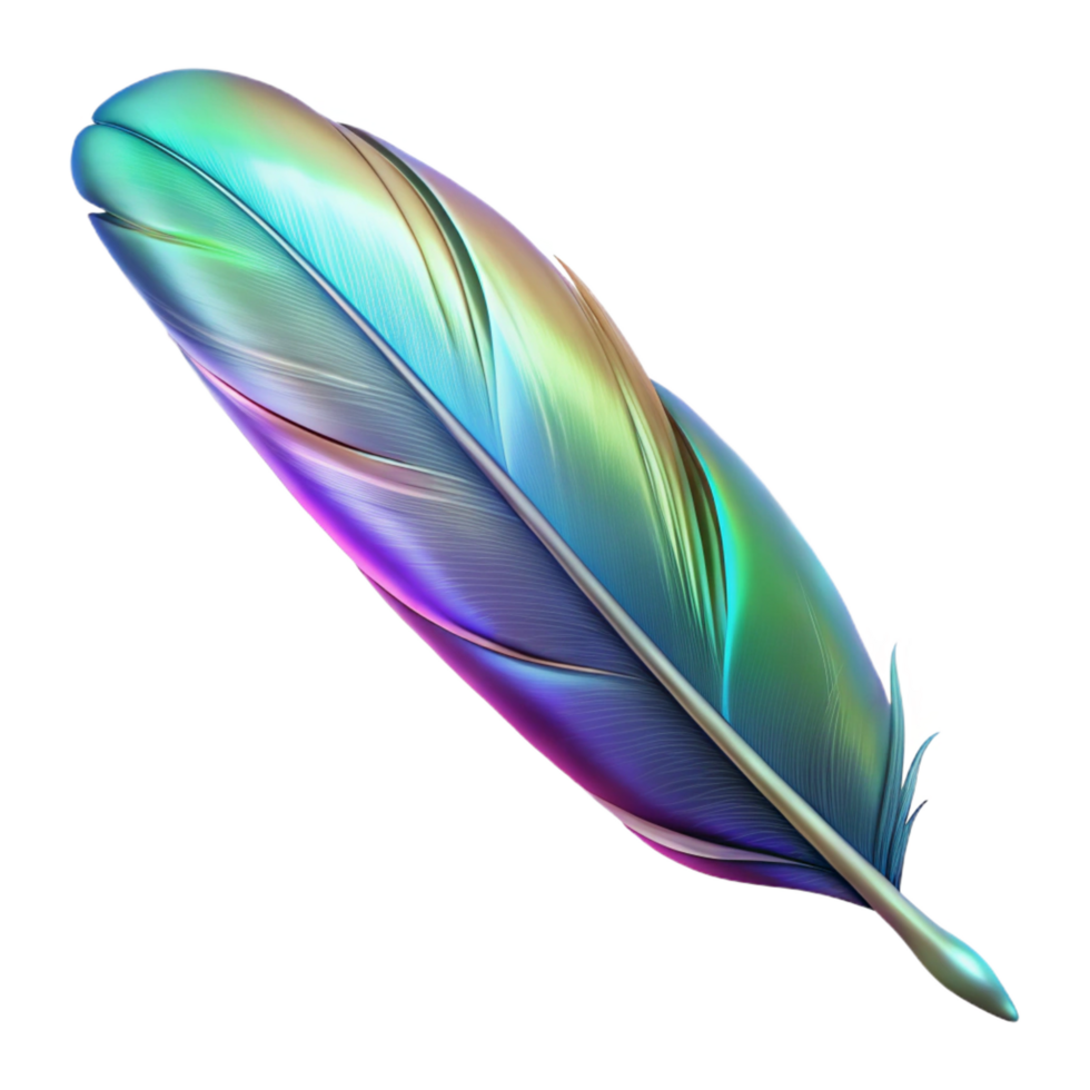 exemplary industrial A single, floating feather, iridescent and magical. NO BACKGROUND with Transparent Background. authentic png
