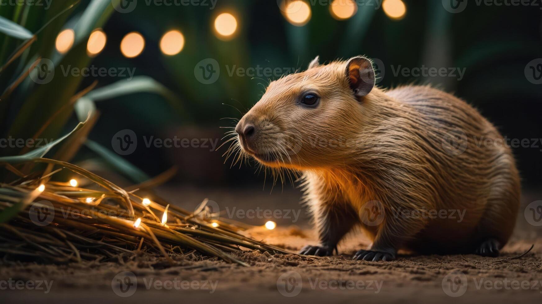 A close-up of a capybara amidst decorative lights and foliage. photo