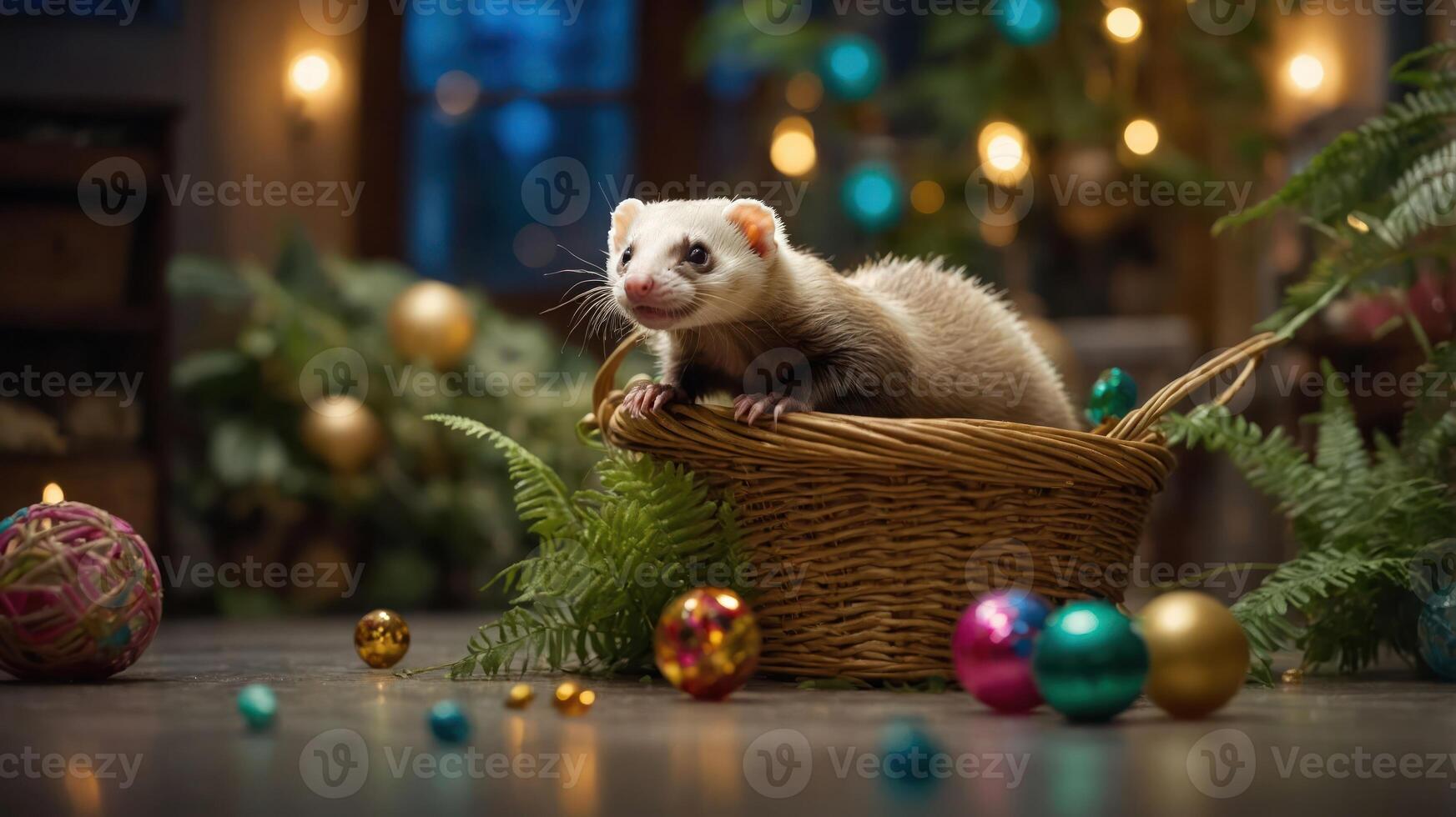 A ferret sitting in a basket surrounded by colorful ornaments and greenery in a cozy setting. photo