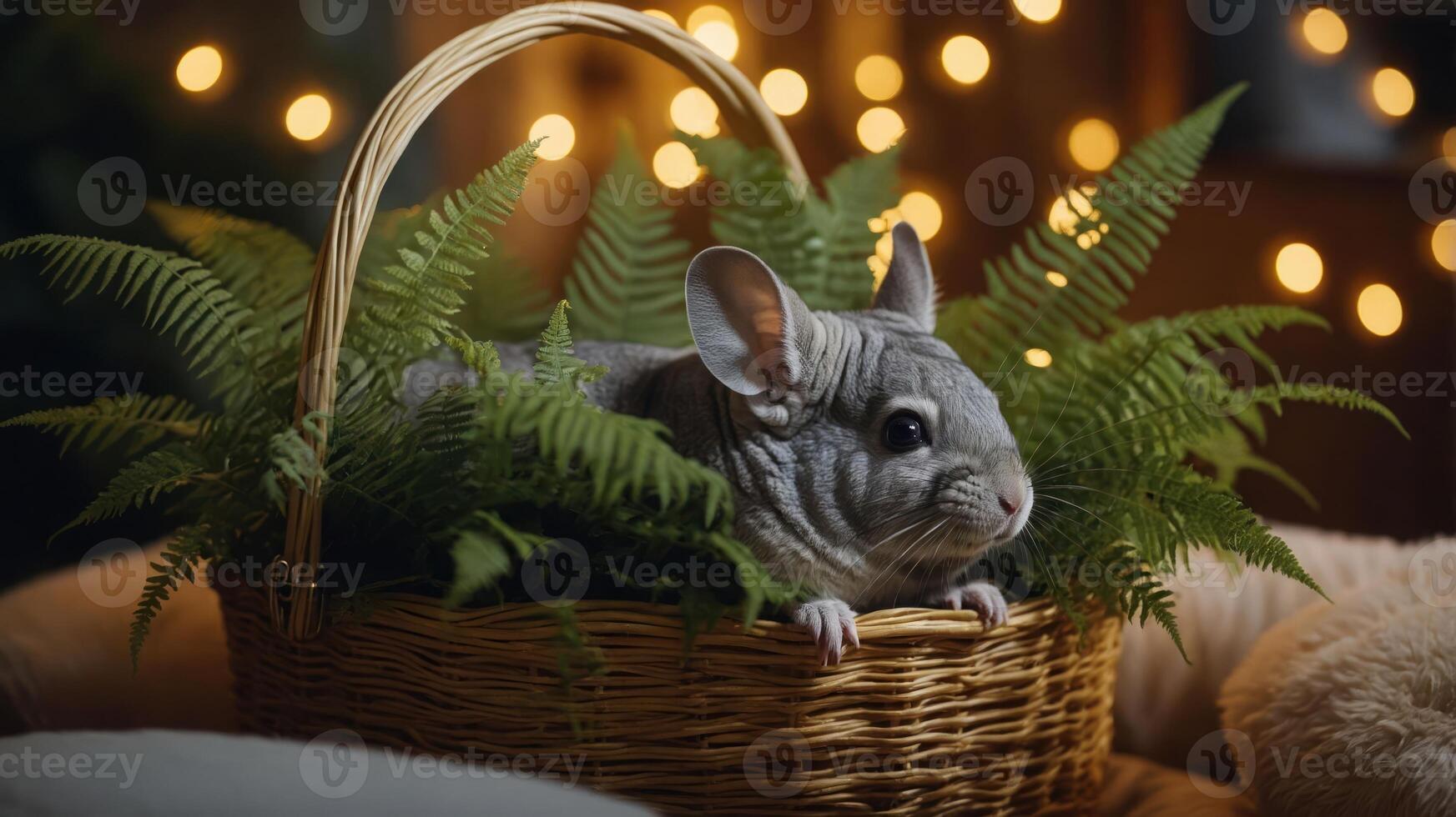 A chinchilla nestled in a basket surrounded by ferns and soft lighting. photo