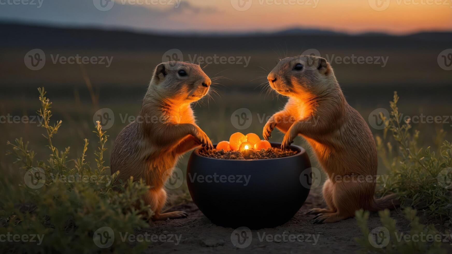 Two prairie dogs gather around a bowl of food, illuminated by soft light at sunset. photo