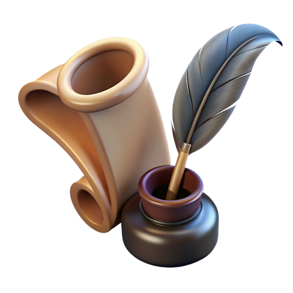 sumptuous exemplary Single feather pen, inkwell, parchment paper, NO BACKGROUND with Transparent Background. png