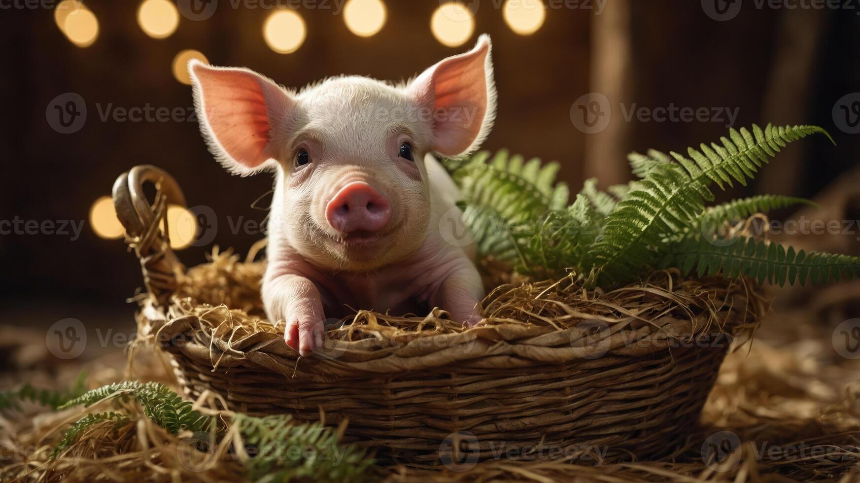 A cute piglet resting in a woven basket surrounded by greenery and soft lighting. photo